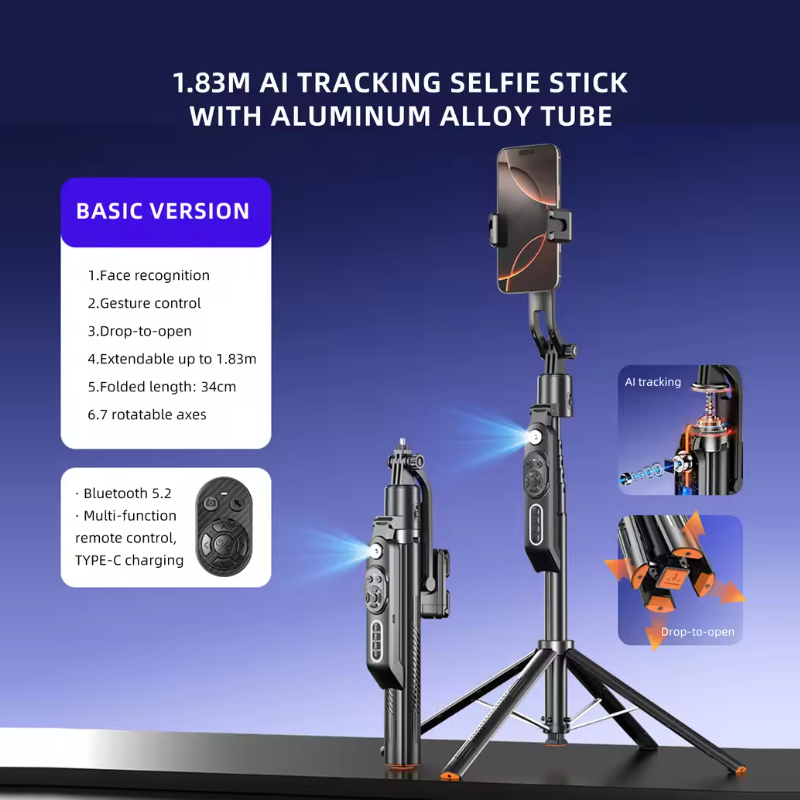 iLead 1.83M AI Auto Face Tracking Selfie Stick Tripod with 360° Rotation - Image 7