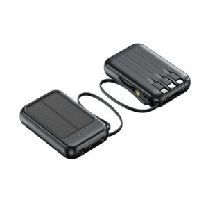 10,000mAh Solar Power Bank with Built-in Cable & LED Light – Portable Charger for Camping & Travel, Black