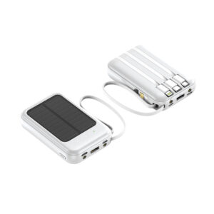 10,000mAh Solar Power Bank with Built-in Cable & LED Light – Portable Charger for Camping & Travel, White