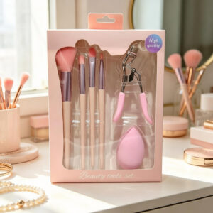 6-Piece Pink Makeup Brush Set with Makeup Brushes, Beauty Blender & Eyelash Curler